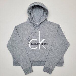 CALVIN KLEIN JEANS Womens Size M Gray Cropped Fleece Hoodie Sweater Hood CK Logo